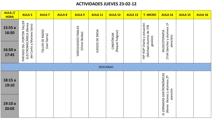CALENDARIO DE ACTIVIDADES JUEVES 23 tarde