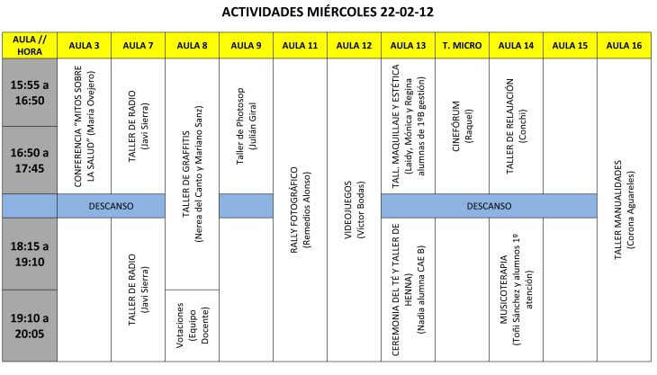 CALENDARIO DE ACTIVIDADES MIÉRCOLES 22 tarde